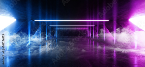 Smoke Fog Sci Fi Fluorescent Hallway Structure Vibrant Neon Glowing Purple Blue Pink Lights In Huge Dark Cement Concrete Grunge Underground Garage Alien Spaceship Future Arch 3D Rendering