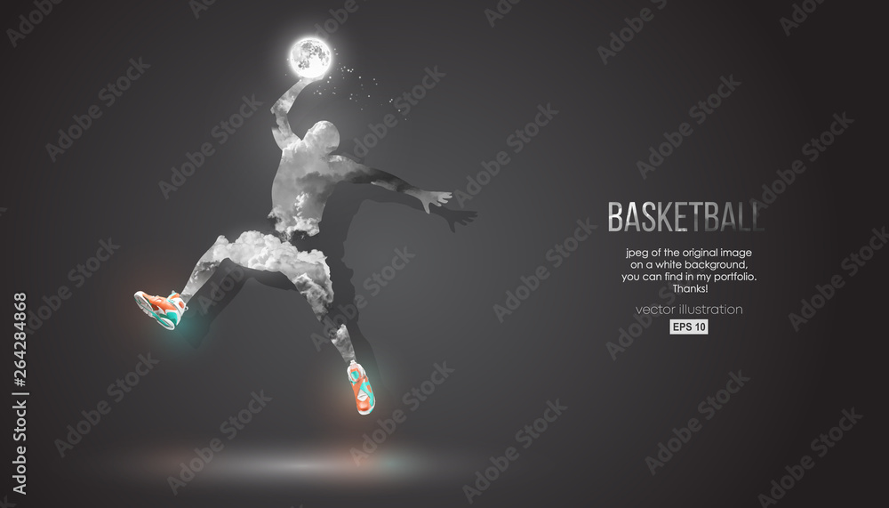 Abstract silhouette of a basketball player on dark black background from clouds, dust, smoke, steam. Basketball player jumping and performs slam dunk. Background can be changed to any other. Vector Abstract silhouette of a basketball player on dark black background from clouds, dust, smoke, steam. Basketball player jumping and performs slam dunk. Background can be changed to any other. Vector