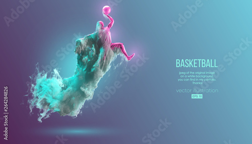 Abstract silhouette of a basketball player on pink and green background from dust, smoke, steam. Basketball player jumping and performs slam dunk. Vector illustration