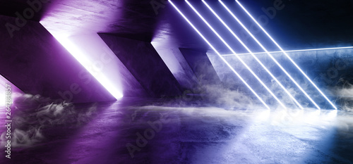 Fototapeta Naklejka Na Ścianę i Meble -  Smoke Fog Abstract Neon Light Retro Modern Futuristic Sci Fi Alien Space Ship Club Stage Glowing Purple Blue Fluorescent Laser Lights In Grunge Concrete Underground Corridor Tunnel  3D Rendering