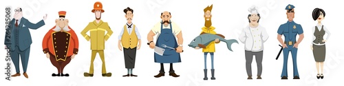 people of different professions businessman, waiter, fisherman, butcher, fireman, policeman, cook administrator, shvetsar, set