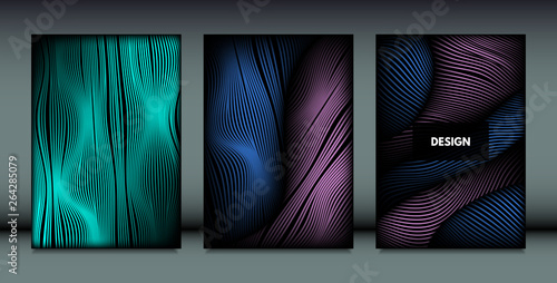 Distortion of Wavy Lines. Trendy Abstract Backgrounds with Vibrant Gradient. Movement and Volume Effect. Futuristic Cover Templates Set for Presentation, Poster, Brochure. Distortion of 3d Shapes.