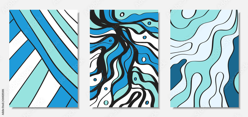 Vector Covers Set in Hand Drawn Style. Blue Abstract Backgrounds with Handwritten Wavy Lines and Shapes, Spirals, Dots. Creative Hipster Illustration. Scribble. Vector Abstractions for Wallpapers.