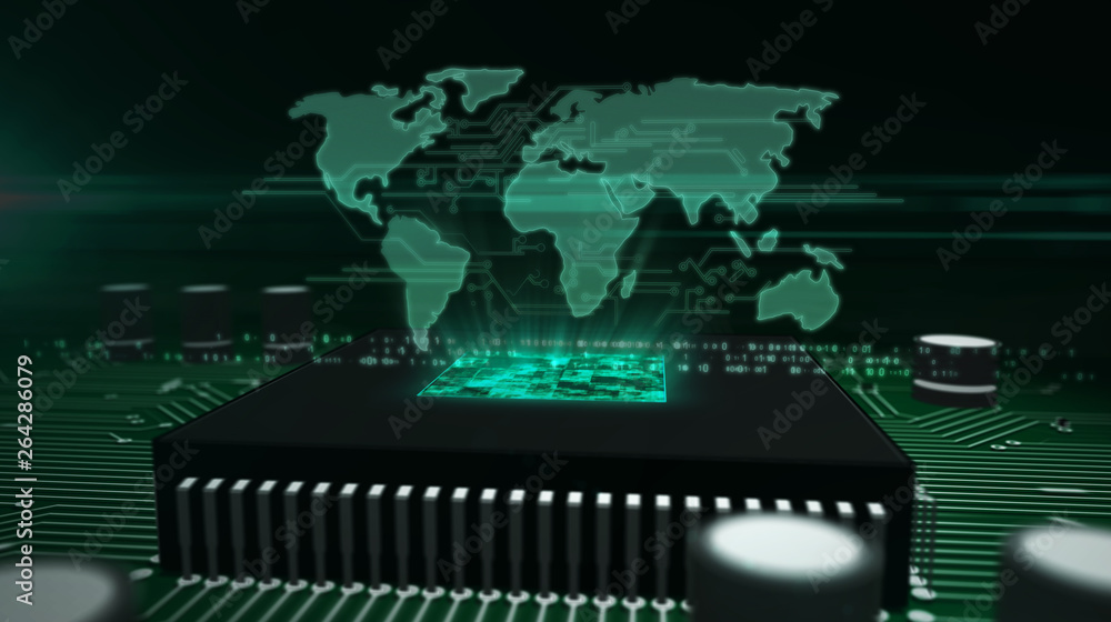 CPU on board with world map hologram CPU on board with world map hologram