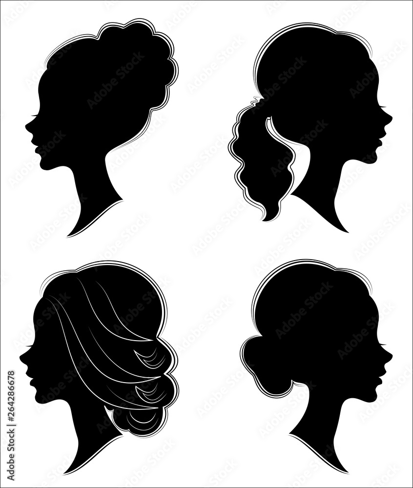 Collection. Silhouette of the head of a sweet lady. Pretty girl shows beautiful female hairstyle on medium and long hair. Suitable for logo, advertising. Vector illustration Collection. Silhouette of the head of a sweet lady. Pretty girl shows beautiful female hairstyle on medium and long hair. Suitable for logo, advertising. Vector illustration