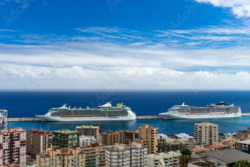 Port of Santa Cruz de Tenerife with cruise ships. view from the top view city foreground