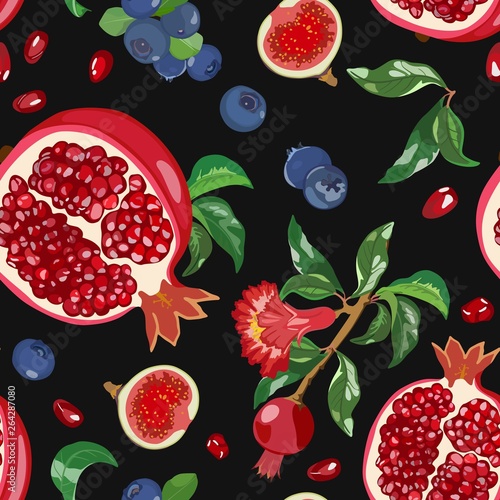 Seamless pattern of ripe pomegranate, fig fruits and blueberries. Vector