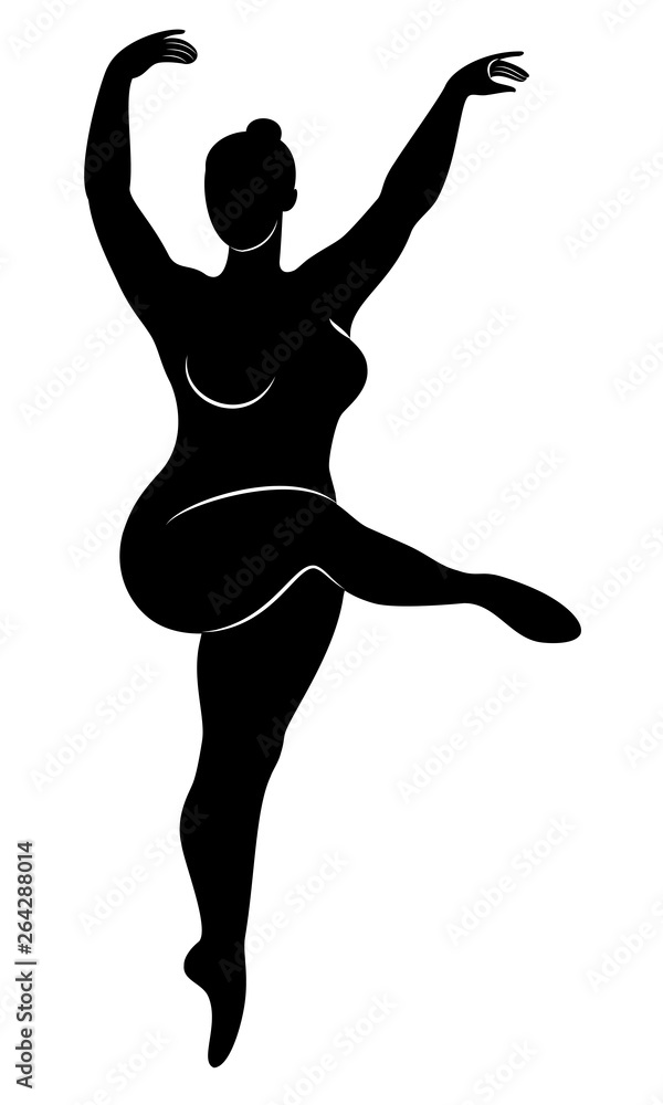 Silhouette of a cute lady, she is dancing ballet. The woman has an overweight body. Girl is plump. Woman ballerina, gymnast. Vector illustration