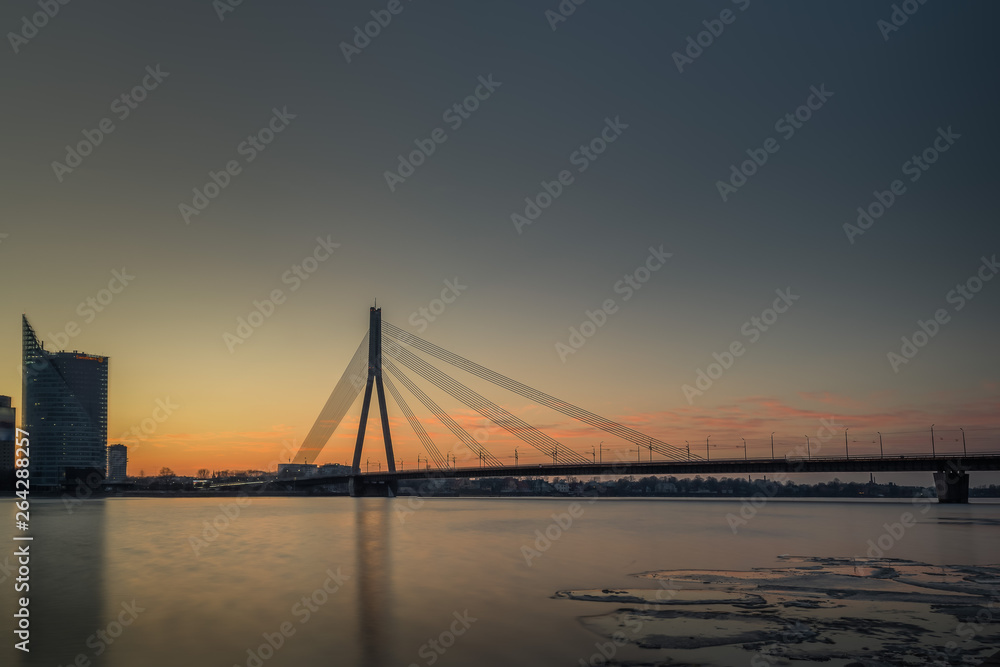 Cable-stayed bridge across Daugava river in Riga, Latvia.