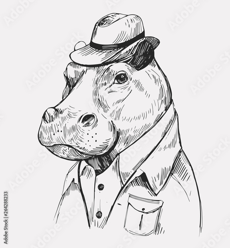 Sketch hippo. Hand drawn illustration converted to vector