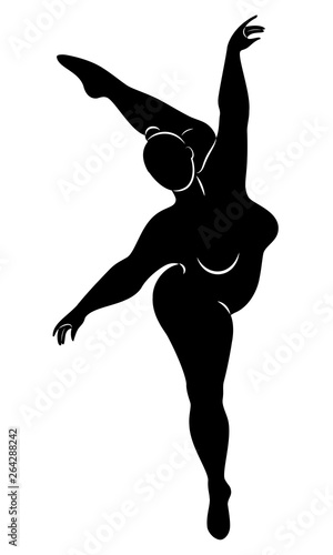 Silhouette of a cute lady, she is dancing ballet. The woman has an overweight body. Girl is plump. Woman ballerina, gymnast. Vector illustration