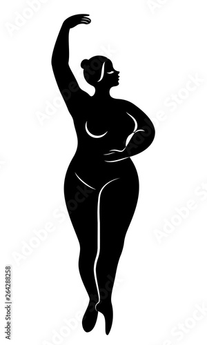 Silhouette of a cute lady, she is dancing ballet. The woman has an overweight body. Girl is plump. Woman ballerina, gymnast. Vector illustration