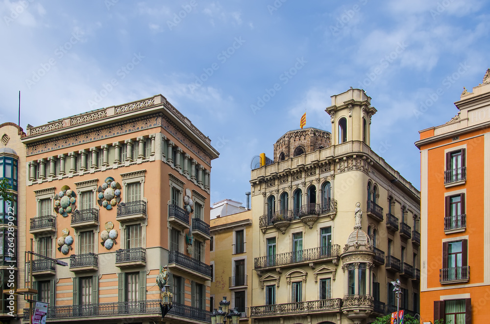 Facades of houses on the Rambla in Barcelona