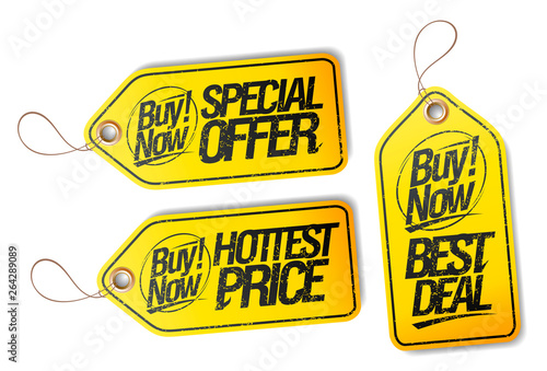 Buy now, special offer tag, hottest price tag and best deal tag