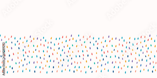 Abstract cut out raindrop confetti. Vector border pattern seamless background. Hand drawn tiny falling drops.  Birthday party celebration ribbon trim illustration. Trendy kid fun fashion print decor.