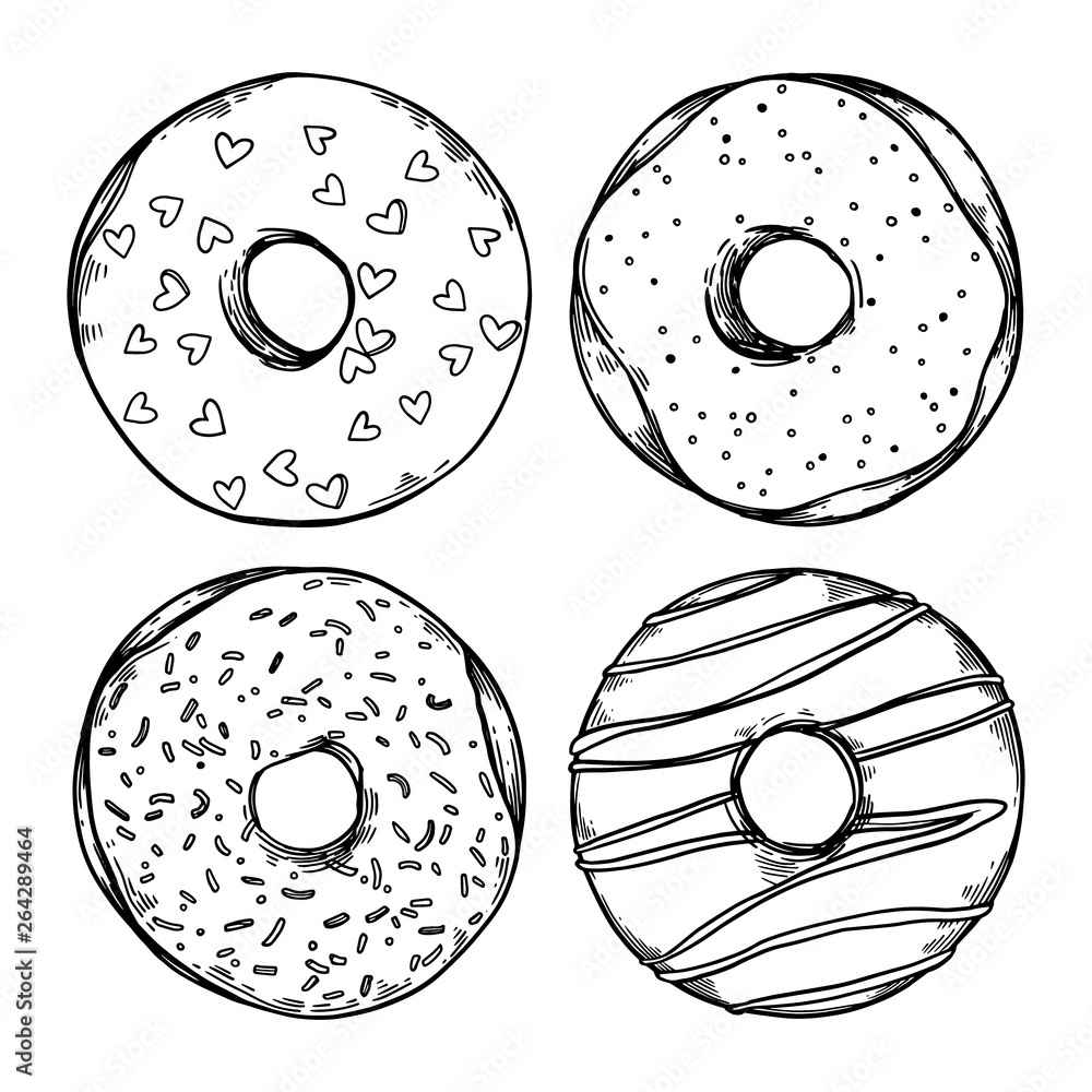 Hand drawn vector illustration - Set of tasty donuts. Sketch. Sweet ...