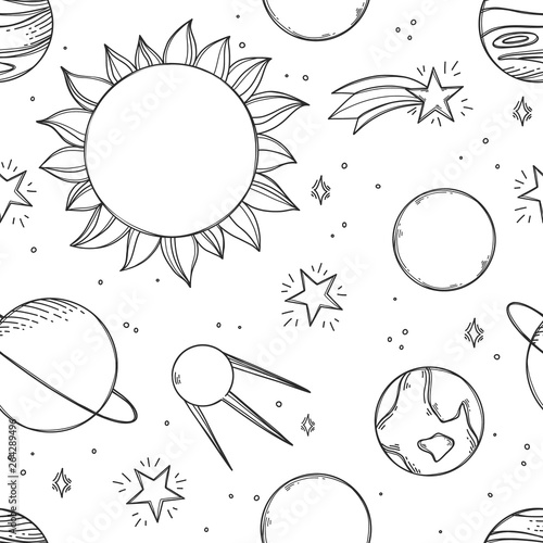 Space Background. Hand drawn vector illustrations. Сosmic doodle seamless pattern with planets, stars, satellite. Solar system and universe