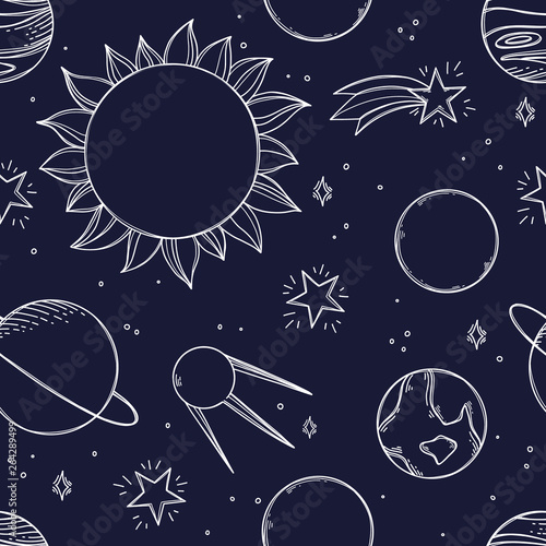 Space Background. Hand drawn vector illustrations. Сosmic doodle seamless pattern with planets, stars, satellite. Solar system and universe