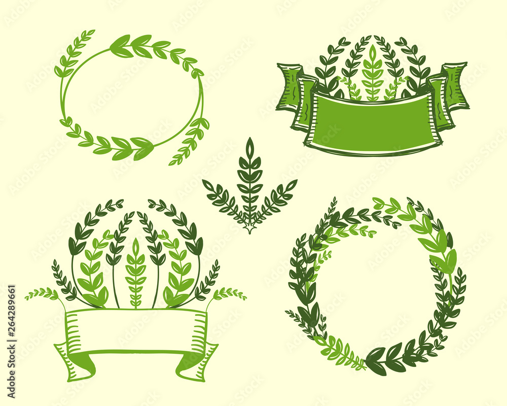 Cereals and wheat ears logos set with ribbons Cereals and wheat ears logos set with ribbons