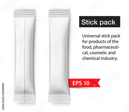 Universal stick pack for products of the food, pharmaceutical, cosmetic and chemical industry. Possibility use for granulated, powder, viscous products. Vector illustration on white background. EPS10