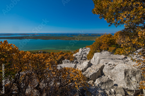 Vransko Lake and Kornati Islands. View from Kamenjak hill. Dalmatia, Croatia.