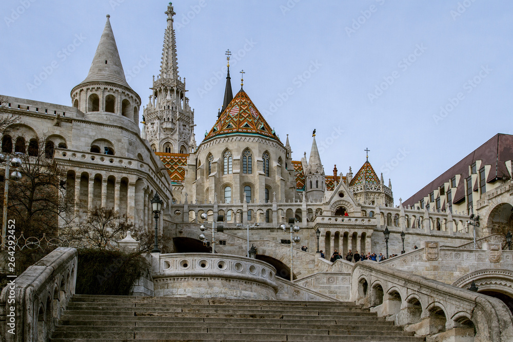 BUDAPEST, HUNGARY. On March 10.2019. View on the Fisherman's Bastion in Budapest. Hungarian landmarks. The Fisherman's Bastion, one of the famous destinations in Hungary. Budapest. European travel.