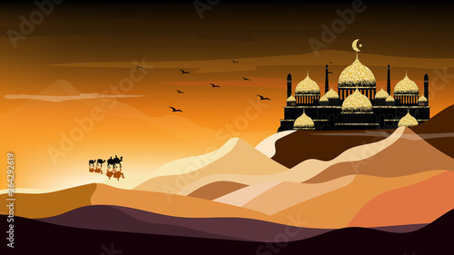 Panorama landscape of Arabian journey with camels through the desert with golden mosque silhouette background, Panoramic of caravan Islamic with camels walking through in desert safari in evening
