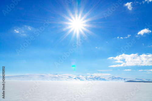 frozen lake with surrounding snow covered rocky mountains 