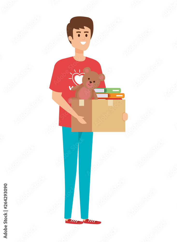 young man volunteer lifting donations box young man volunteer lifting donations box