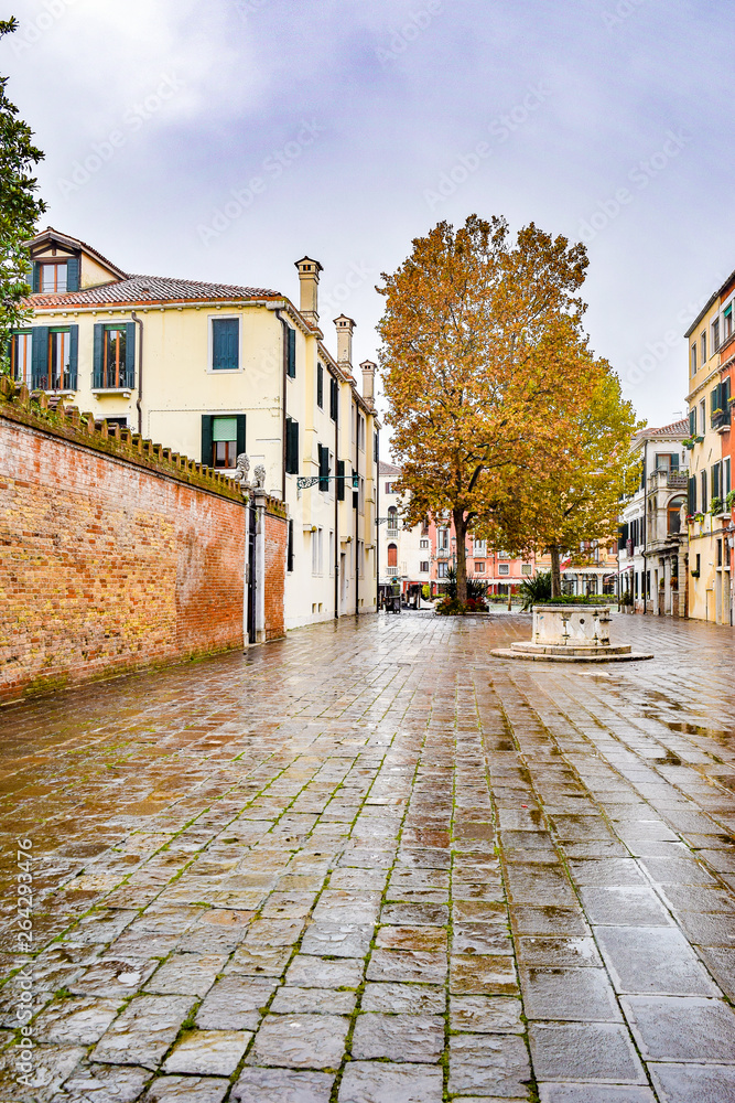 Empty courtyard/ square between buildings in the city of Venice, Italy, with beautiful tree in autumn colors