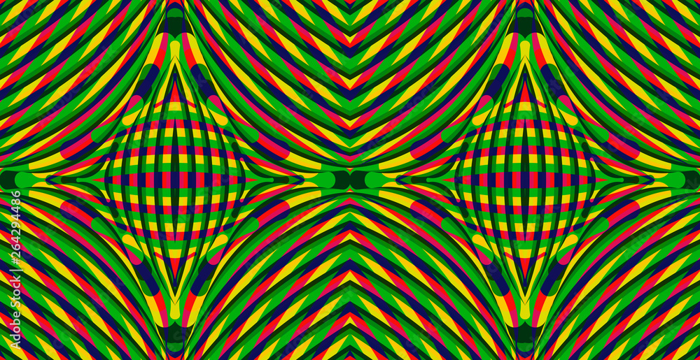 Color seamless pattern with hypnotic trance texture. Multicolored glitched background. Op art unique bright kaleidoscope. Psychedelic trippy art.