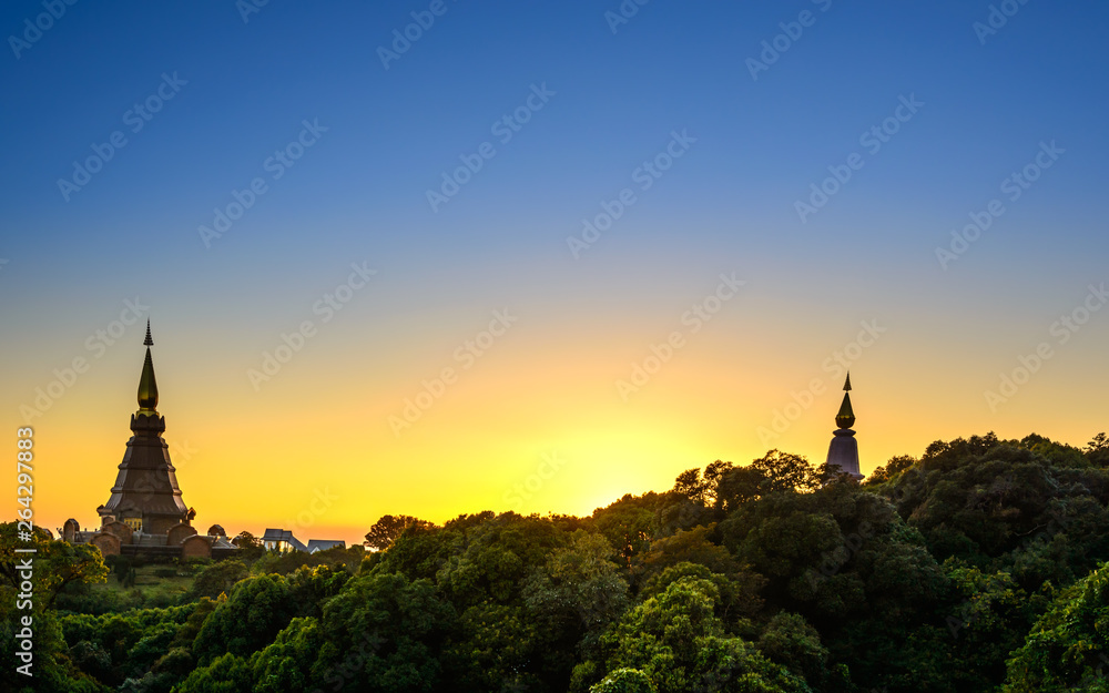 Landscape of pagoda on the top of Inthanon mountain and Evergreen forest location at Doi Inthanon National Park Chiang Mai Thailand 2-2015.