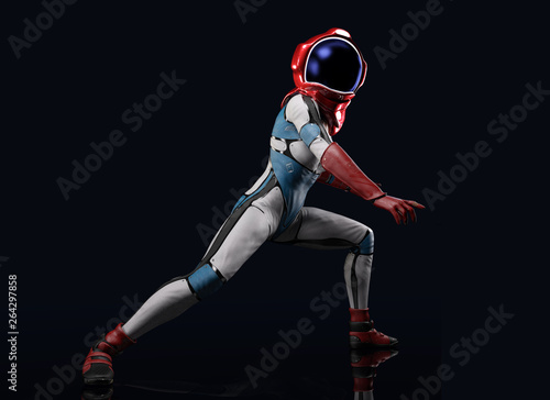 female futuristic astronaut dressed suit with helmet on black background.- 3d render
