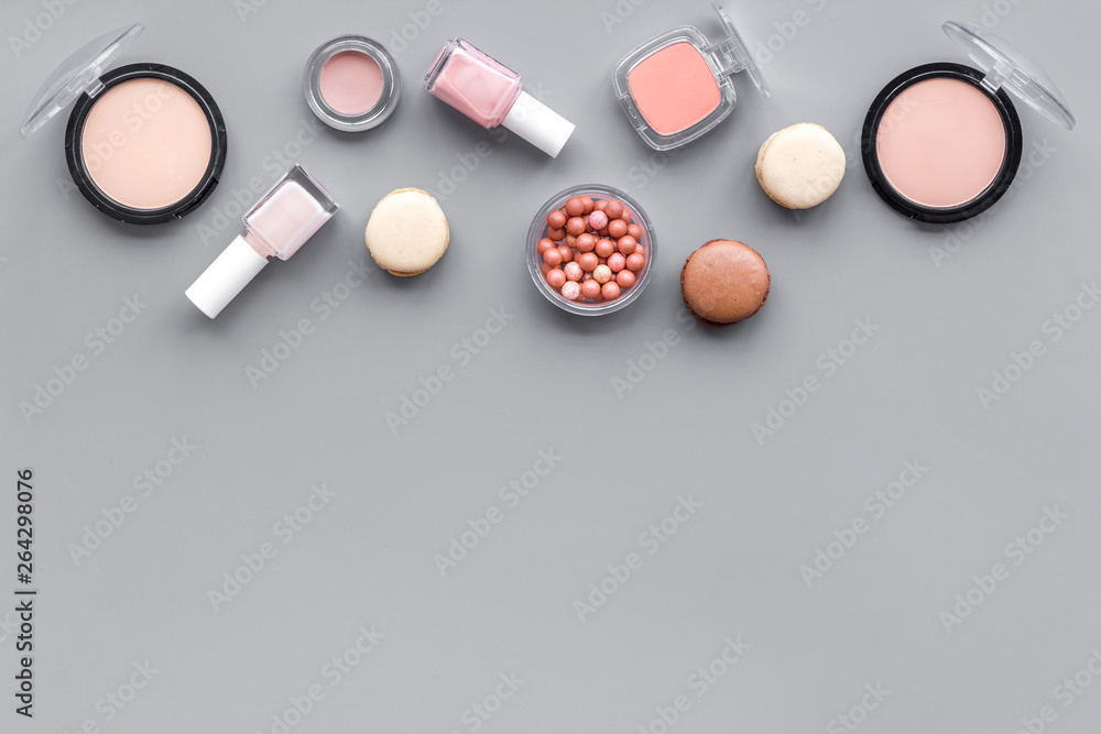 make-up accessories and fashion stylish cosmetics on gray desk background top view mockup make-up accessories and fashion stylish cosmetics on gray desk background top view mockup