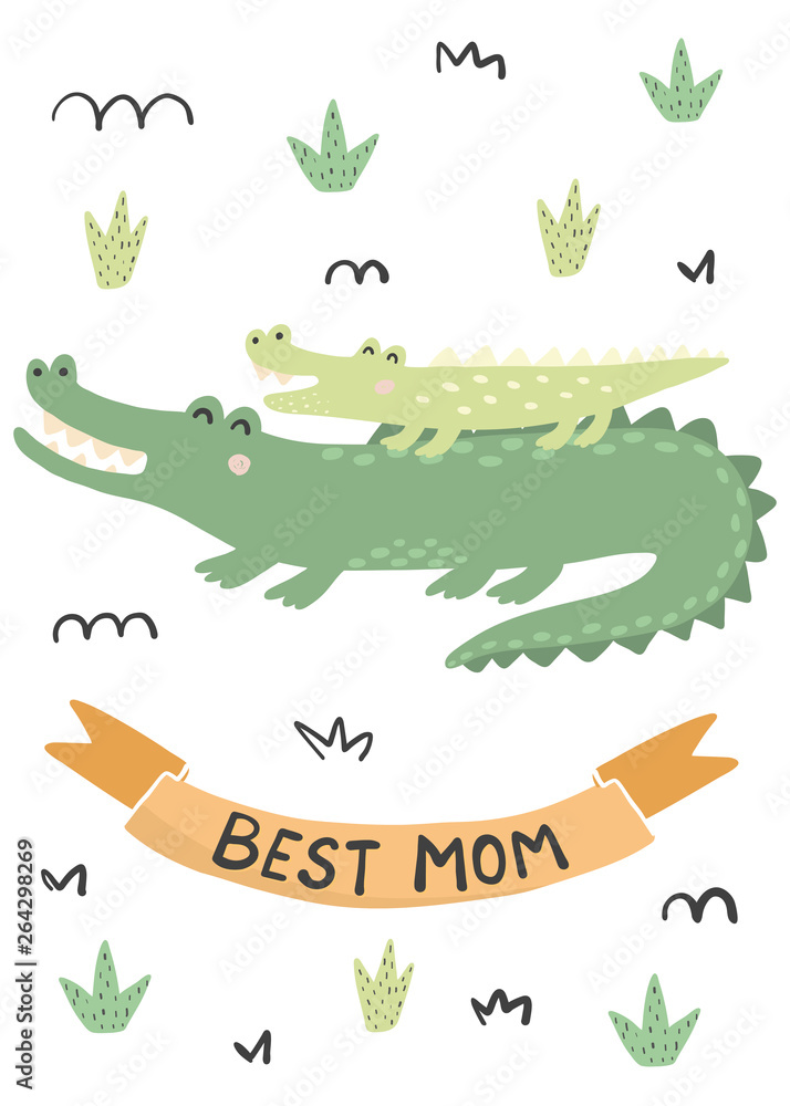 Fototapeta premium Best Mom card with a cute crocodiles - mother and baby. Vector illustration