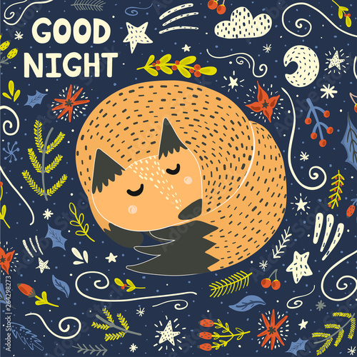 Good Night card with a cute sleeping fox. Vector illustration