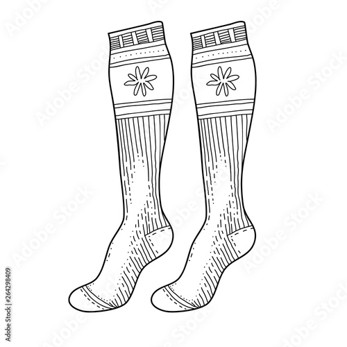 Black engraved socks drawing. Winter warm Christmas stockings ink hand drawn style vector illustration