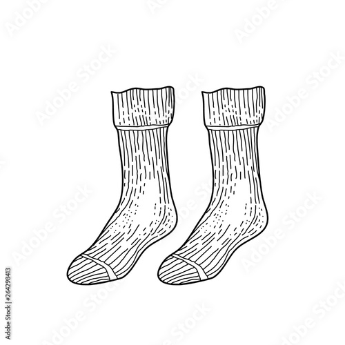 Black engraved textile socks drawing. Man cotton garment for the foot ink hand drawn style vector illustration
