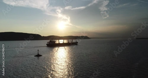 Ship on Hudson River at Sunset