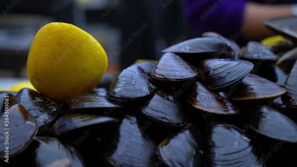 Mussels. Fish shop.Seafood. Seafood delicacies. Clams. Fish restaurant. Vitamins, minerals and