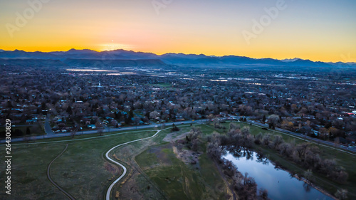 Drone Spring Sunset Over Denver, Colorado