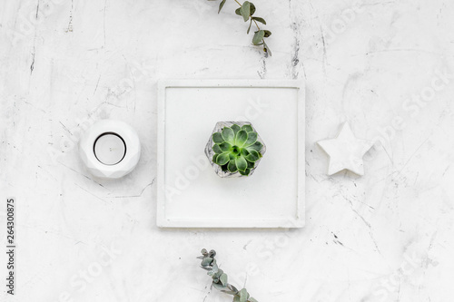 modern design of work desk with plant, candle, star figures on white marble background top view