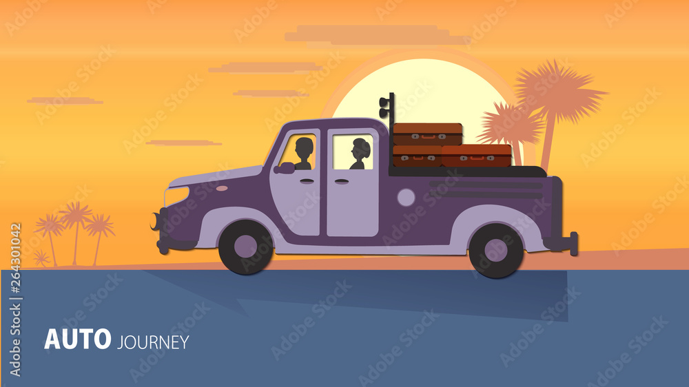 Obraz premium Auto journey. Cartoon and flat. Summer Road Trip. Family Outdoor Holidays. Poster or banner. Our Adventures. Natural sunset. Summer Travels. Vector illustration. Travel by car concept. Landing page.