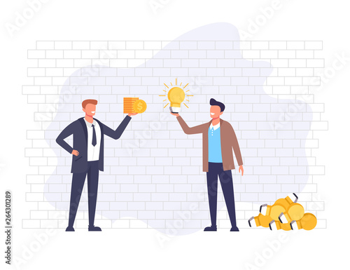 Man character selling idea and businessman buy it. Innovation investing concept. Vector flat graphic design illustration