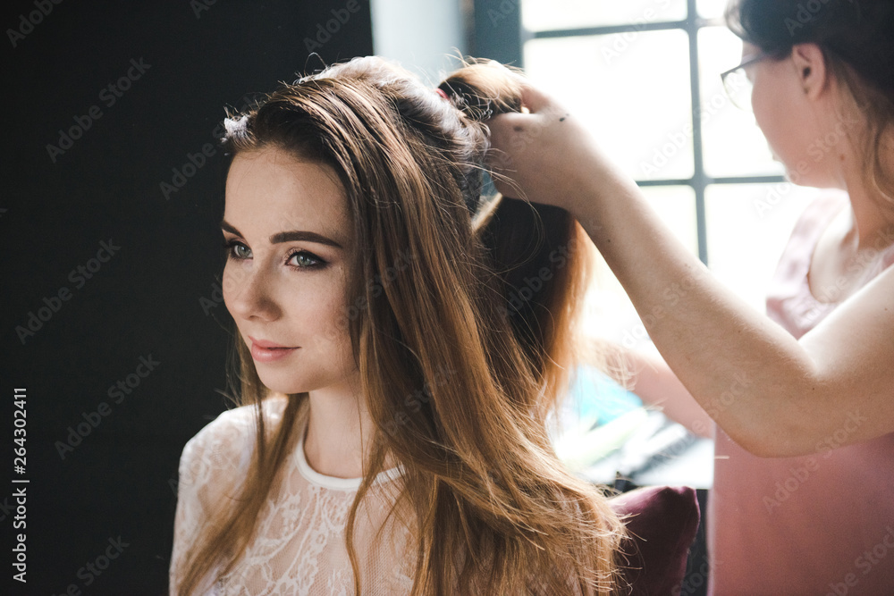 Fototapeta premium Portrait of a beautiful bride. Makeup artist preparing beautiful bride before the wedding . Morning of the bride.