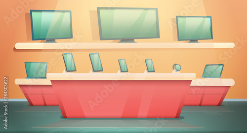Cartoon electronics store with computers and phones, vector illustration