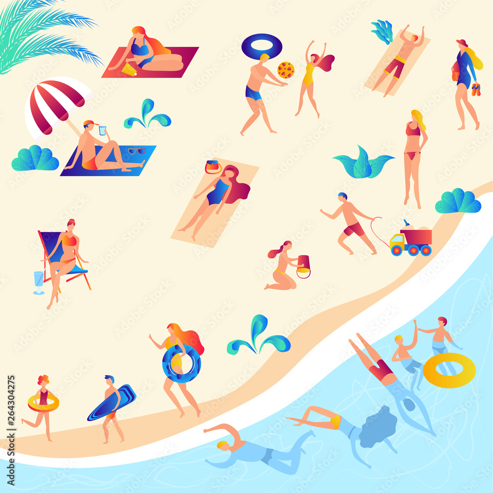 Illustration of the beach and people rest, swimming in the sea, sunbathing, reading books, talking, walking, surfing, playing volleyball, getting tan and having fun under the sun. Flat cartoon