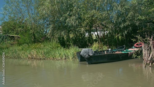 Wooden boat moored in the reed beds, Vilkovo, Ukraine