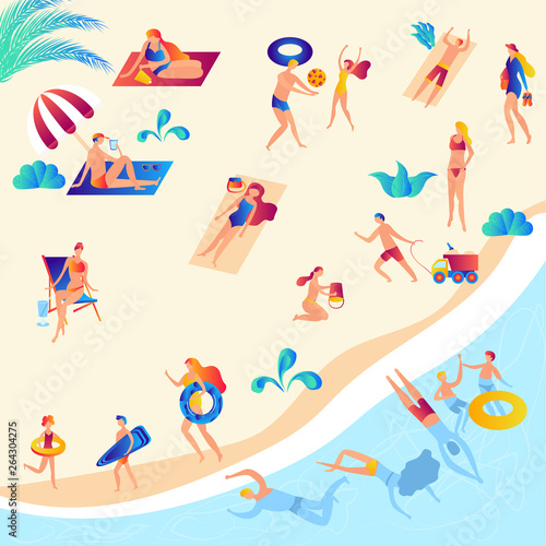 Illustration of the beach and people rest, swimming in the sea, sunbathing, reading books, talking, walking, surfing, playing volleyball, getting tan and having fun under the sun. Flat cartoon