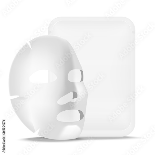 Realistic vector white sheet facial cosmetic mask. Skincare, cosmetic beauty product. Mockup for package design
